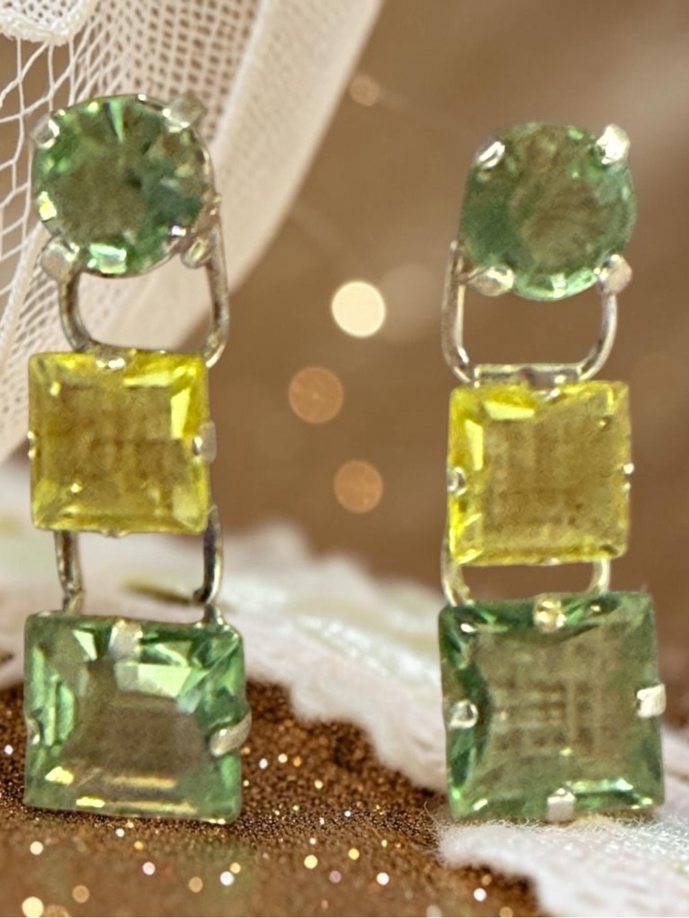 Green & Yellow Crystal Drop Earrings
